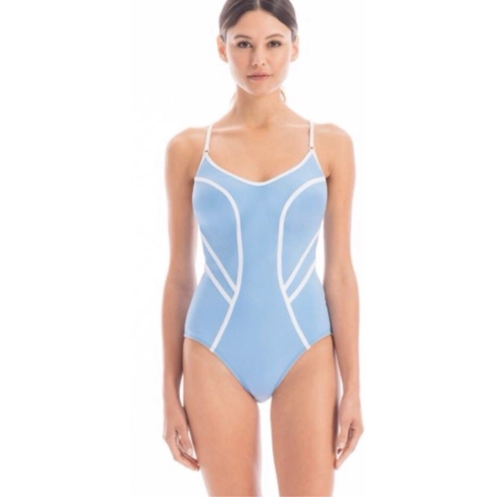 Robin Piccone Britt Scuba Sky Blue White Trim One Piece Swimsuit 10